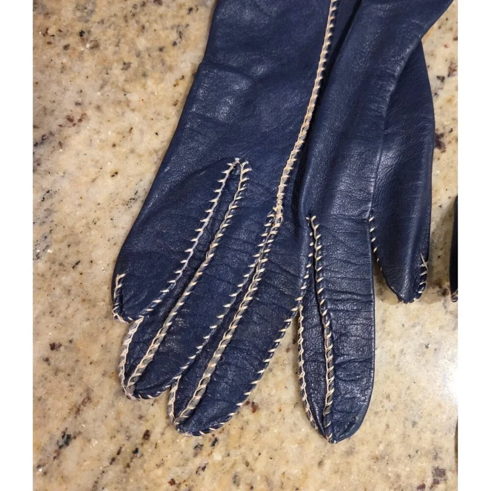 Vintage Womens Size XS S 6 1/4 Blue Leather Formal Gloves Contrast Stitching